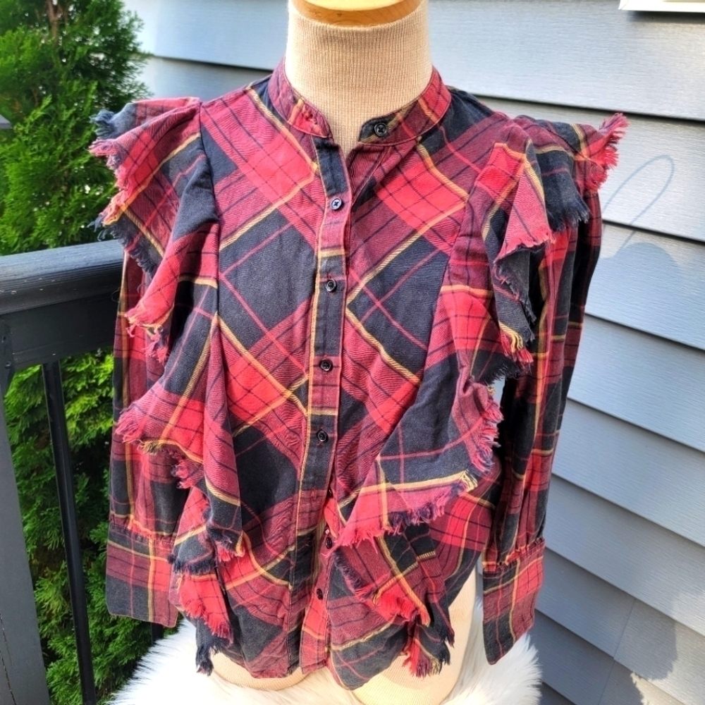 2/$20 Maison Cinqcent Plaid Ruffle Button Down Top S